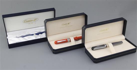 A Conklin Heritage Sleeve Filler Collection grey swirl fountain pen and two other similar Conklin pens,